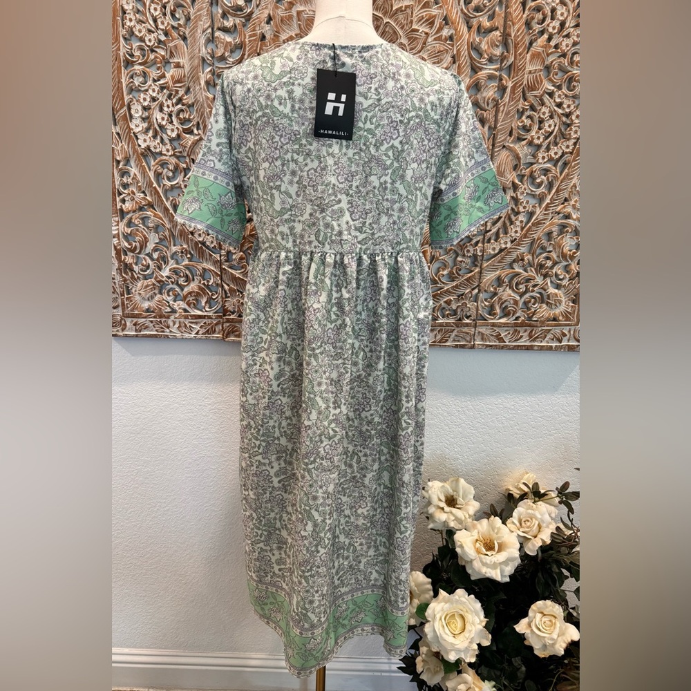 Hawalili Green & Lavender Floral Boho Midi Dress- size S oversized - Picture 5 of 16
